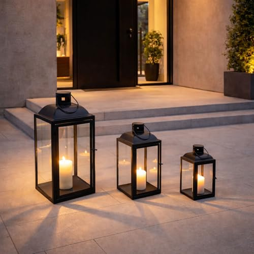Mojawo Lot de 3 lanternes de jardin XXL en métal avec poignée Noir Hauteur 30/43/63 cm