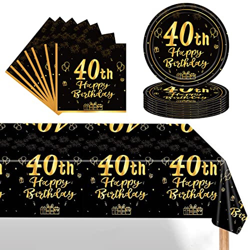POPOYU Juego de vajilla desechable de 37 piezas, color negro y dorado, platos de papel negro de 7 pulgadas, servilletas para hombres, mujeres, él, ella, regalos para fiestas