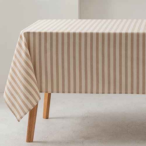 GAMUSI Tischdecke, quadratisch, gestreift, Beige, wasserdicht, 100 % Baumwolle, waschbar, Innen- und Außenbereich, 140 x 140 cm