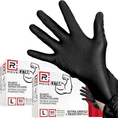 R MOVE 50+50 Guanti in nitrile Diamond 8,5 gr. +140% di SPESSORE rispetto al 3,5 gr Guanti antiscivolo, Grip su tutto il palmo per una perfetta presa, Guanti da lavoro antiscivolo (Nero, L)