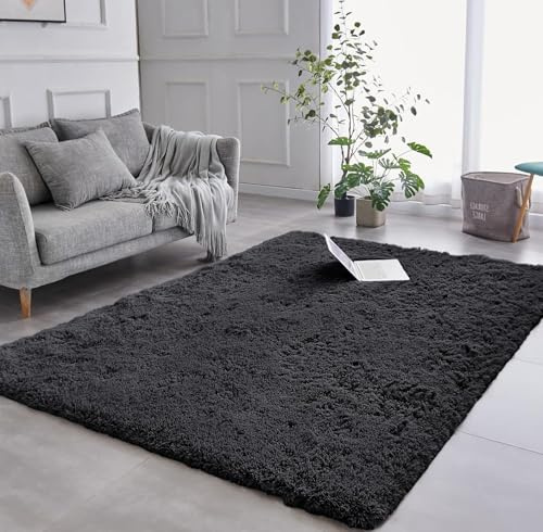 AMEHA Black Rug for Bedroom 120x170 cm Shaggy Fluffy Soft Non Slip Large Area Rugs Carpet Non-Shedding