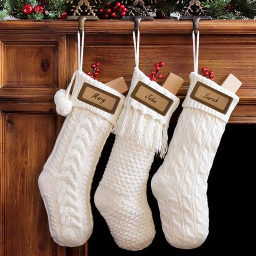 Personalized Christmas Stockings Cable Knit, 3 Pack 18 inches White Large Size Knitted Stockings, Rustic Christmas Ornaments Farmhouse Boho Style Stocking Decorations for Family Holiday Season Decor