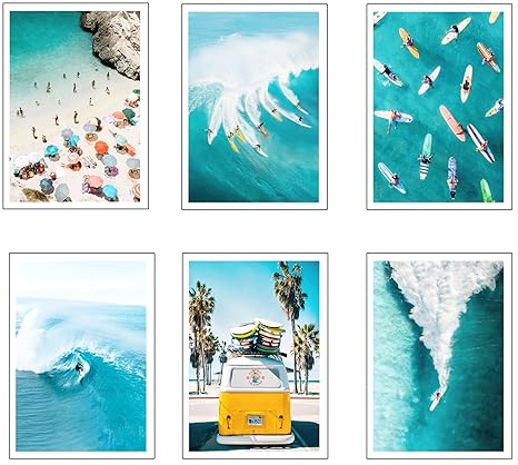 Set 6 cuadros base madera, Decoración Salón Modernos, Dormitorios, Habitación, paisaje, playa, naturaleza, fugoneta con colgadores metálicos, (38 x 29 cm cada cuadro)