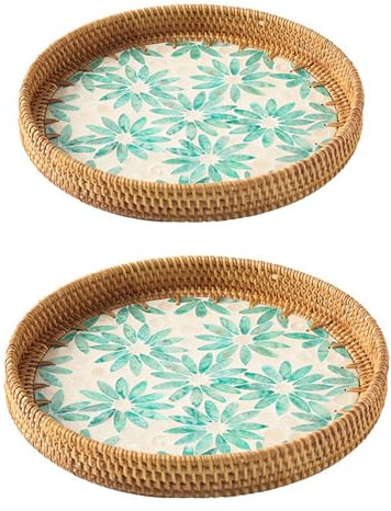 Lot de 2 Plateaux de Service en Rotin, Paniers à Pain en Rotin pour Servir, Plateau Rond Décoratif en Osier avec Incrustation de Nacre, Plateau de Rangement de Fruits pour Table Basse, Service(#3)