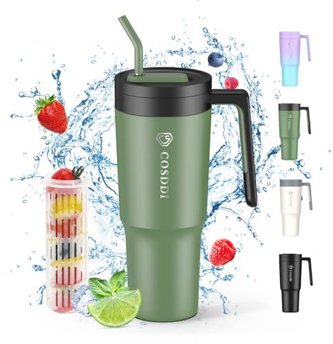 CS COSDDI Gobelet isotherme avec paille, 1180 ml, gobelet à café à emporter avec paille et poignée, 1180 ml, gobelet de voiture, gobelet isotherme, double paroi en acier inoxydable, anti-fuite, vert