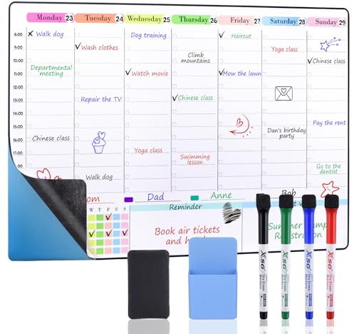 POPRUN Veckoplanerare och måltidskalender 60 × 40 cm, självhäftande torr radering, återanvändbar på alla släta ytor