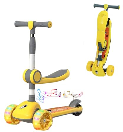 2 en 1 𝗣𝗮𝘁𝗶𝗻𝗲𝘁𝗲 𝗰𝗼𝗻 𝗔𝘀𝗶𝗲𝗻𝘁𝗼 para Niños de 3-12 Años. Patín Infantil Plegable. Scooter para Niños con Luces LED, 3 Ruedas PU, 4 Alturas Ajustables, Carga Máxima de 50kg.