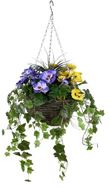 GreenBrokers Pansy with Ivy Vine in Hanging Basket (Anti-UV)(30cm diameter basket) Yellow & Purple