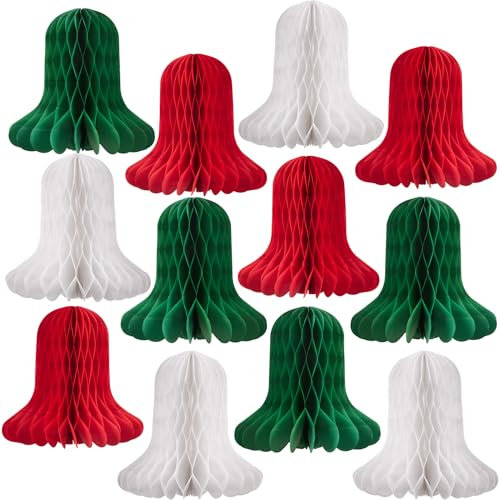 Easy Joy 12pcs Christmas Paper Honeycomb Retro Red Hanging Paper Bells Decorations White Green Honeycomb for Christmas Birthday New Year Party Winter Home Decorations