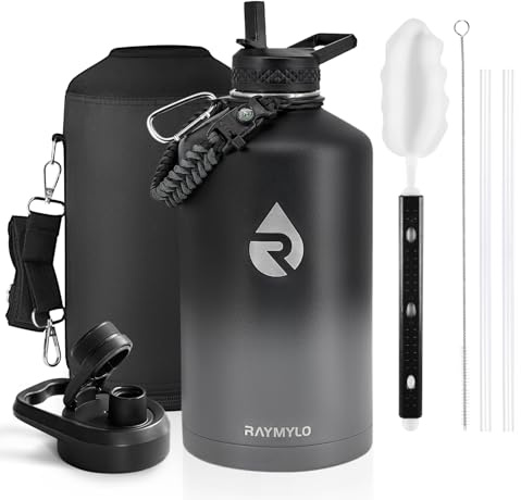 RAYMYLO Gallon Water Bottle Insulated, Triple Wall Vacuum Stainless Steel | 3.8L Leak Proof Metal Water Flask Jug with Straw & Spout Lids for Sports and Travel, BPA-Free,Cold for 48 Hrs, Hot for 24 Hrs
