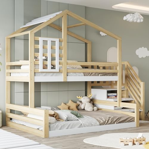 Moimhear Letto a castello, 90 x 200 cm, in legno di pino, letto con finestra, listello, ringhiera, scala a gradini per conservazione, natura