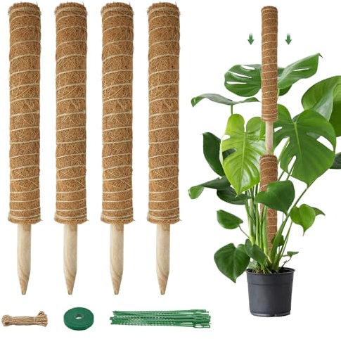 Moss Pole for Monstera, 4 Pcs 17 Inch Stackable Plant Support, Coco Coir Moss Poles Extendable to 53 Inches, Indoor Climbing Pole for Money Plant & House Plants