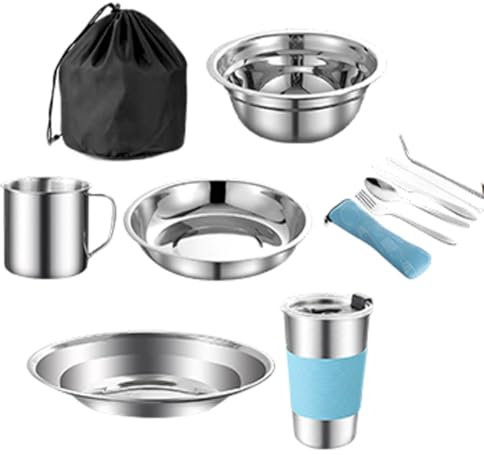 Umllpet Stainless Steel Camping Crockery Set, 10 Pieces with Plate, Bowl, Cup, Fork, Spoon and Cutlery Bag, Camping Cutlery Set, Camping Picnic Cutlery for Outdoor Travel Hiking (Blue)