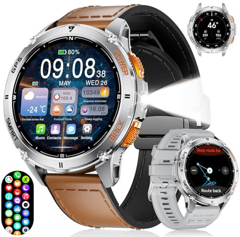 Orologio GPS da uomo con torcia a LED, display Amoled da 1,43, orologio fitness con batteria da 530 mAh, frequenza cardiaca/contapassi/bussola/altimetro, impermeabile 5 ATM, 170 + modalità sportive