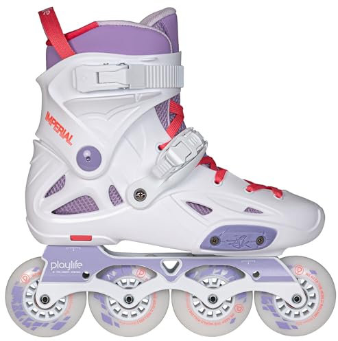 Playlife Imperial 80 Violet Inline Skate – Urban Hardboot Skate per uomo e donna con guida in alluminio, 4 x 80 mm ruote 85A e cuscinetti a sfera ABEC 9 in bianco/viola taglia 39-40