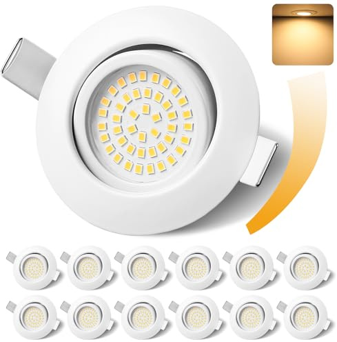 GeyouLux LED Einbaustrahler 230V Dimmbar 68mm 6W IP44 LED Spots 12er set | 45° Schwenkbar 3000K Warmweiß Deckenspots für Badezimmer Küche Wohnzimmer Einbauspots Flach Einbauleuchten Weiß