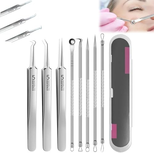 Stainless Steel Blackhead Removal Kit 3 Tweezers, Professionelles Mitesserentferner-Set für Stirn, Gesicht und Nase, leicht zu reinigen (8stk)