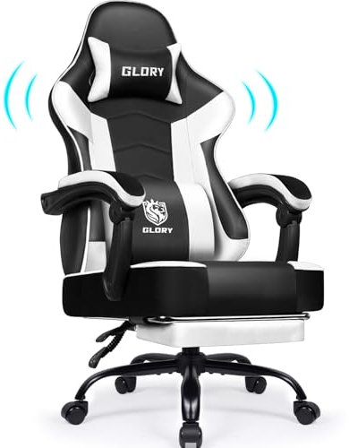 minnouat Gaming Stuhl, Bürostuhl Ergonomisch mit Teleskopische Fußstütze, Gaming Chair mit Kopfstütze und Lendenwirbelstütze, Verstellbarer und drehbarer Gaming Stuhl,150 kg,Kaltweiß