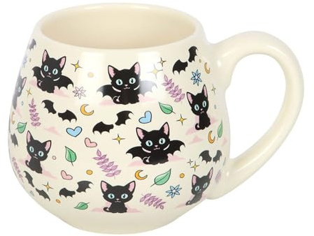Something Different Wholesale Cute and Creepy Cat Print Rounded Mug with Black Cats, Moons, and Stars – 500ml Ceramic Mug for Cat Lovers and Witches – Microwave and Dishwasher Safe