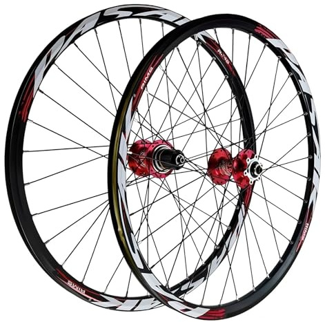 LYYCX AuroraXQ Mountainbike Laufradsatz 26/27.5/29 Zoll, Doppelwand Legierung Scheibenbremse MTB Räder, 32H Edelstahlsprecher Fahrradräder HG Hub 7-12 Geschwindigkeit(Rot,26 Zoll)