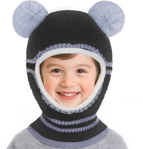 Bonnet Cagoule Chaud d'hiver pour Enfant, Bonnet Echarpe Hiver Chaud Cache Oreilles Chapeaux Tricoté Capuche Doux avec Double Pompon pour Childs Filles Garçon 2-5 Ans (FR/ES, Âge, Taille unique, Noir)