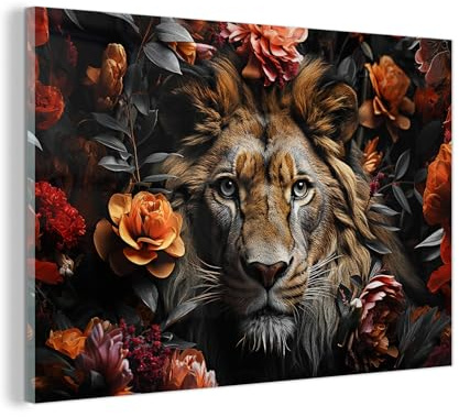 MuchoWow© Glas Wandbild Dekoration Wohnzimmer Bilder Pictures Wall | 120x80 cm - Decoration Living Room Wohnungs Deko Moderne Bild Löwe - Tier - Natur - Blumen - Botanisch