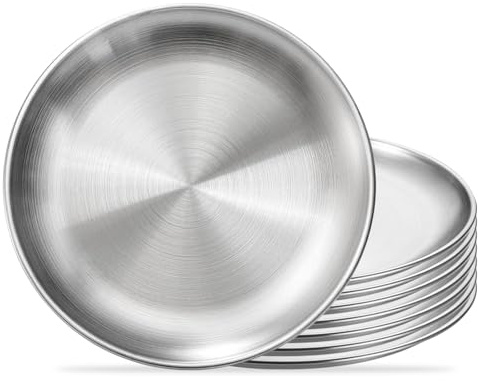 SENLINLIN Juego de 8 Platos de Acero Inoxidable 20 cm – Plato Redondos Resistentes y Reutilizables, Aptos para Lavavajillas, Platos para Barbacoa, Camping, Picnic, Cocina y Uso Diario