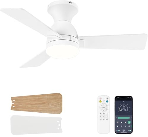 Dolavast Ceiling Fans with Lights and Remote, 36 Inch Ceiling Fan with Light, Low Profile, Reversible, Dimmable LED, Flush Mount, Quiet, DC Motor, White Ceiling Fan for Bedroom, Kitchen, Office