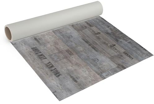 Internethandel Pfordt CV Bodenbelag Holz Schriftzüge Grau, 300x200 cm, pflegeleichter PVC Vinylboden in Holzoptik, Meterware für Küche und Wohnzimmer