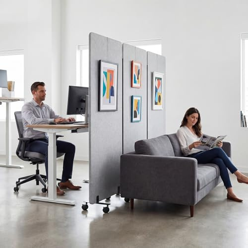 WUDLEP 3 Panel Soundproof Room Divider with Wheels, 5FT Tall Folding Partition Privacy Separator, Movable Room Partition Wall Dividers, for Bedroom, Dining Room, Office, Light Grey