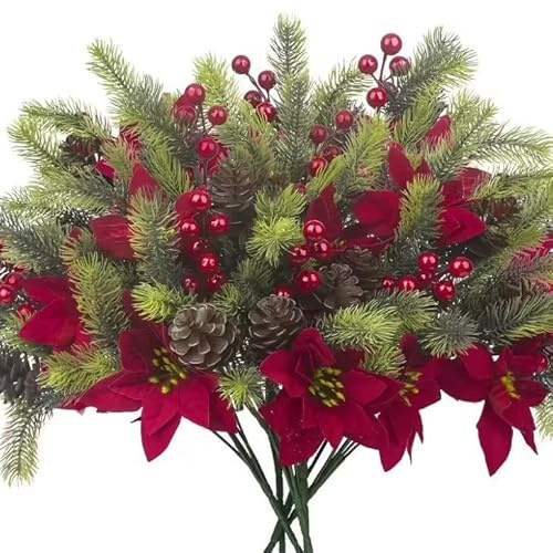 behone 6 Piezas Ramo de Navidad Artificial con Bayas y Piñas, Decoración Festiva para Hogar y Mesa, Resiste Viento y Lluvia, 35 cm