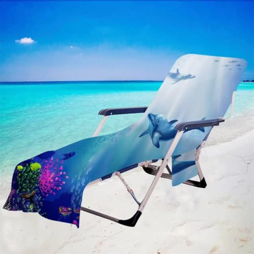 rigyeg 3D Ocean Dolphin Print Sun Lounger Towel with Pockets Beach Chair Cover for Outdoor Pool Garden Summer Holiday (Coral, 75x210cm)