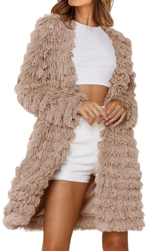 Övergångskappa dam elegant – fuskpälsjacka medellång pälsimitation jacka överdimensionerad kofta enfärgad vinterjacka mysig övergångsjacka fashionabel axeljacka ledig outfit, kaki, L
