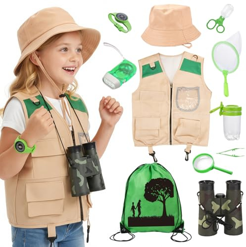 Xerteam Forscherset für Kinder, 11Pcs Safari Kostüm mit Entdeckerhut Weste Fernglas Kinder Schmetterlingsnetz, Kindern Campingausrüstung für 3-10 Jahre Junge Spielzeug Geschenk