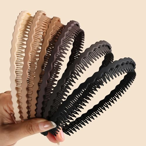 Bafutayawa Headbands Women 6 Pack Hairband with Teeth Non-slip Plastic Wavy Comb Hairbands Zigzag Headband Set for Girls Hair Accessories Brown Black Beige
