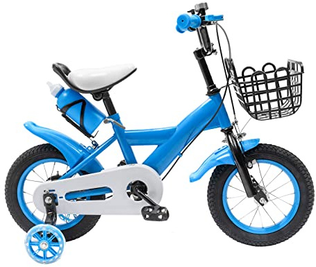 12 tums barncykel, med stödhjul, korg och flaskhållare, höjdjusterbar sits och styre, för barn från 2–4 år, för säker cykelträning och utomhusridning