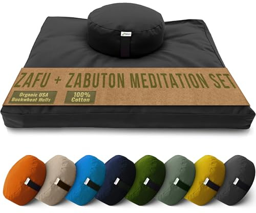 Meditation Cushion Mat Set - ROUND Zafu Floor Pillow Organic Buckwheat Pillow + Cotton Filled Zabuton Prayer Pad - Meditation Pillow Yoga Knee Pad - Made in USA - 14 Round, BLACK Cotton