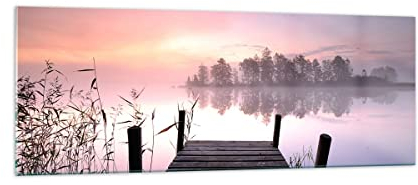 Panorama Bilder auf Glas Morgen Sonnenaufgang Nebel See Glasbild 140x50cm Wandbilder Dekoration Wohnzimmer Schlafzimmer Küche Groß XXL Wanddeko Bild im Glas Wand Kunstdruck Art Modern GAB140x50-2593