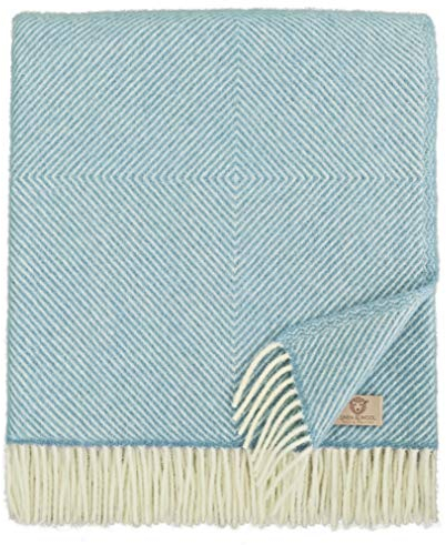Linen & Cotton Decke Wolldecke Alaska mit Rautenmuster - 100% Reine Neuseeland Wolle (140 x 220cm), Türkis Blau - Sofadecke/Bettüberwurf/Kuscheldecke/Überwurf Couch Sofa Bett