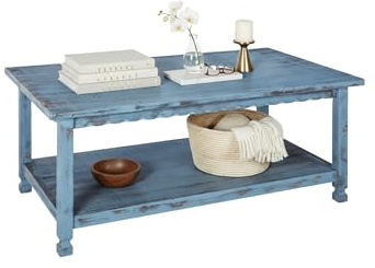 Rustic Rectangular Coffee Table, 42 in. W x 24 in. D x 18 in. H, Living Room Blue Antique, W/ (1) 36 in. W x 18 in. D x 10 in. H Shelf, Farmhouse/Cottage Style, Select Hardwood/Construction