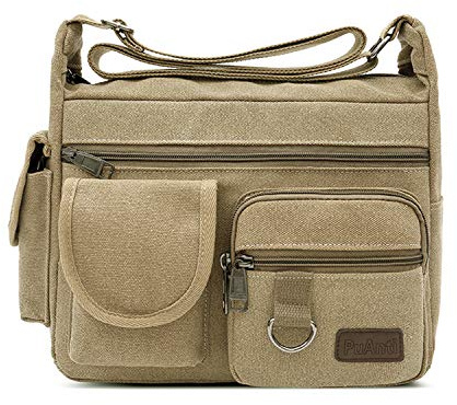 FANDARE Unisexo Lona Bolso de Bandolera La Bolsa de Mensajero Hombres/Mujeres Bolsa de Lona Bolsa de Hombro 7.9 Pulgadas Bolsa de Tablet Caqui