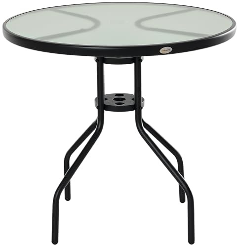 Outsunny Gartentisch Runder Beistelltisch Schirmloch Ø80 x 72 cm Schwarz | Balkontisch, Bistrotisch, Gartenmöbel, Hartglas + Metall