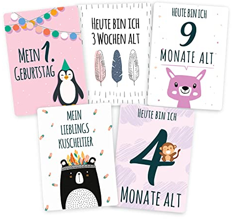 40 Baby Meilenstein-Karten für Mädchen mit hochwertiger Verpackung von Cozy Racoon - Meilensteinkarten als Geschenk zur Geburt, Babyparty, Schwangerschaft