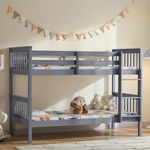 Vida Designs Milan Single Bunk Bed Frame, Grey Solid Pine Wood | 3ft bunk bed without mattress, ladder, guard rails, space-saving twin-sleeper design, easy assembly for children's bedrooms