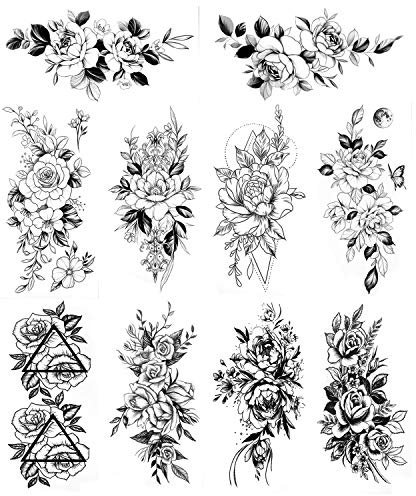 HOWAF 10 Blätter Groß Pfingstrose Schwarz Rose Blume Temporäre Tattoos Frauen Wasserdicht Schwarz Tattoo Aufkleber M?dchen Fake Wasserdicht Tatoos Arm Tatto Sexy Schulter Brust Beine