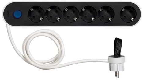 SIMON - Enchufe Múltiple, Regleta de Enchufe Plano, Ladrón de Enchufes con Interruptor de Luz, Ordenacables, 6 Tomas, Cable de 1,4 metros y Clavija Extraplana Lateral, Color Blanco y Negro
