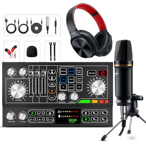 Podcast Equipment Bundle Aluminum Alloy Panel with Studio Condenser Microphone Sound DJ Mixer Broadcast Audio Interface DIY Sound Effect For PC Laptop Phone,Streaming Recording, Black