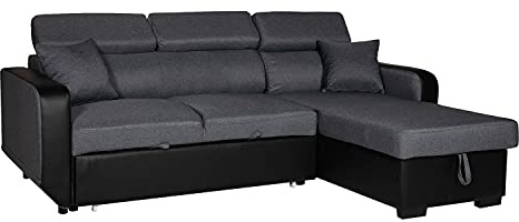 Happy Garden Canapé d'angle Convertible Warren 3 Places en Tissu et Simili Gris chiné et Noir. Canapé avec méridienne réversible, Appui-tête réglable et Coffre de Rangement.
