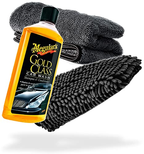detailmate Auto Wasch- und Trockenset: Meguiars Gold Class Car Wash Shampoo 473ml + Chenille Waschhandschuh + Trockentuch 1000 GSM - Für die ideale Autowäsche