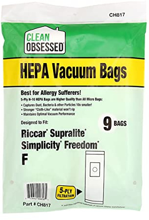 Clean Obsessed H-10 HEPA Bags Fits Riccar Supralite & Simplicity Freedom Type F (9 Bag Pack)